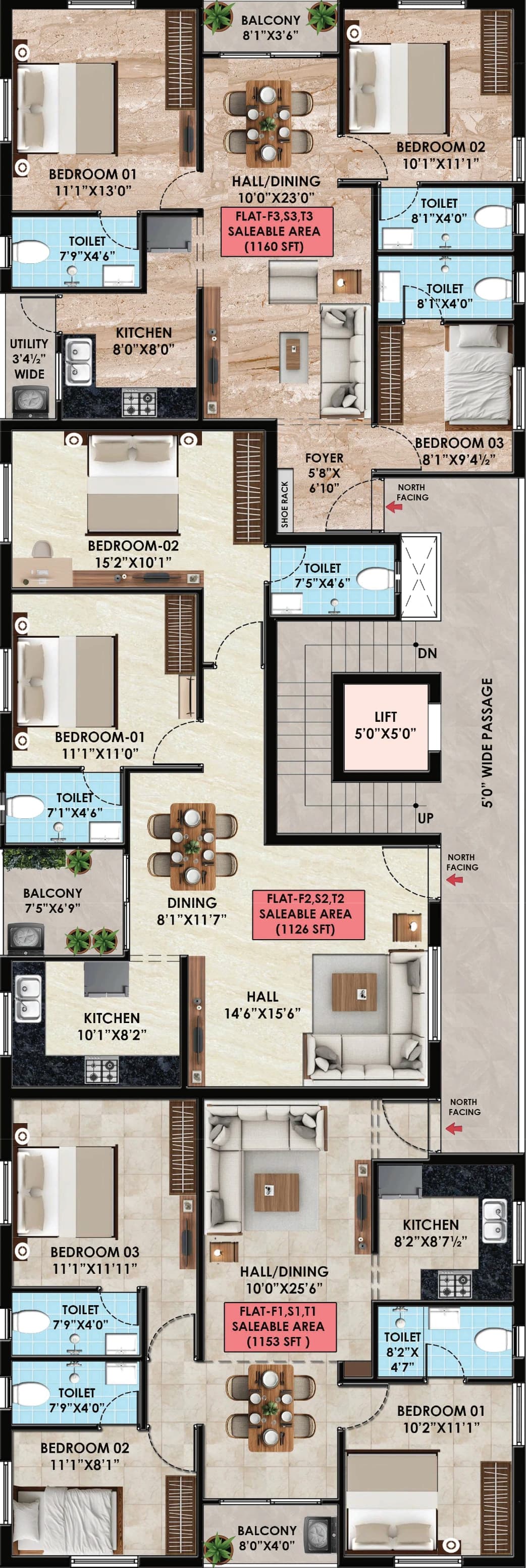 Typical floors 1–3 — 1,126 sq.ft. 2 BHK and 1,153 / 1,160 sq.ft. 3 BHK