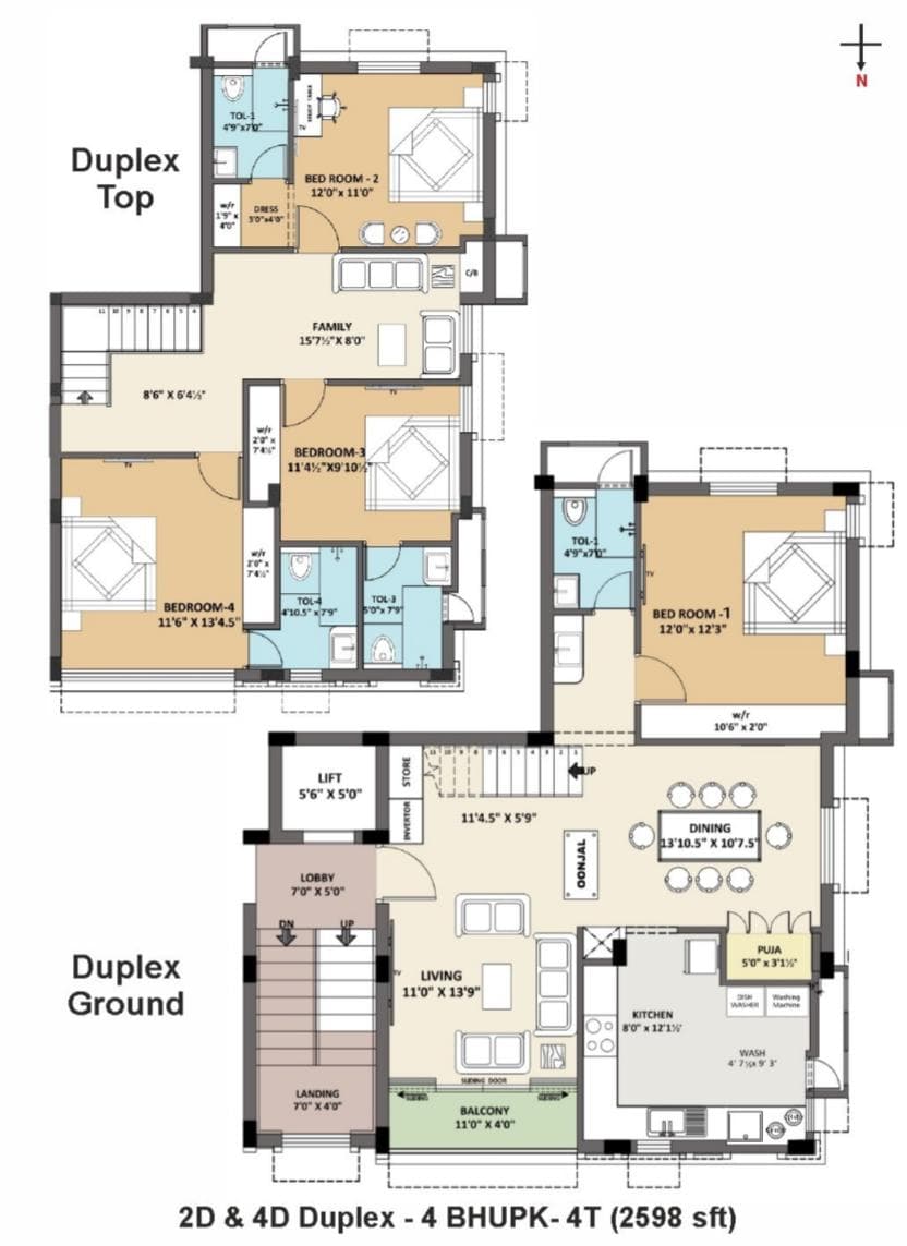 2D & 4D duplex — 4 bedrooms, 4 bathrooms, 2,598 sq.ft.