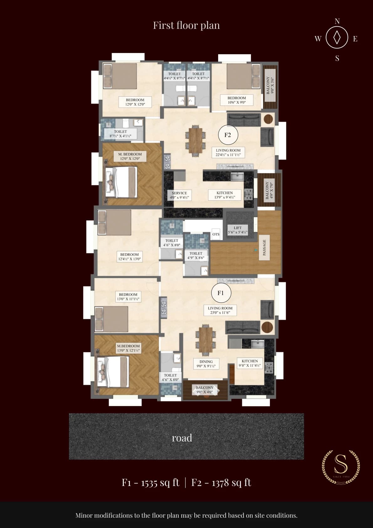 First floor — F1: 1,535 sq.ft. / F2: 1,378 sq.ft.