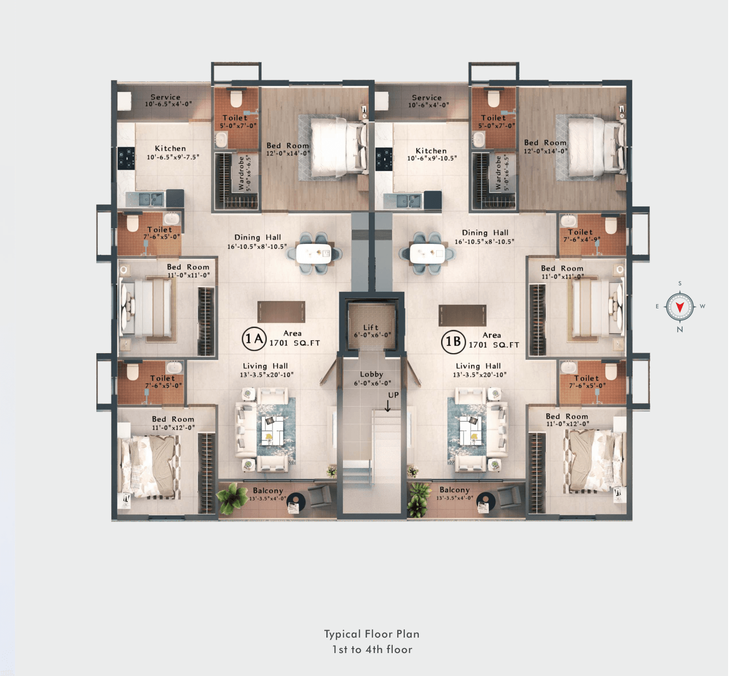 Typical floor — two 3 BHK residences, 1,701 sq.ft. each