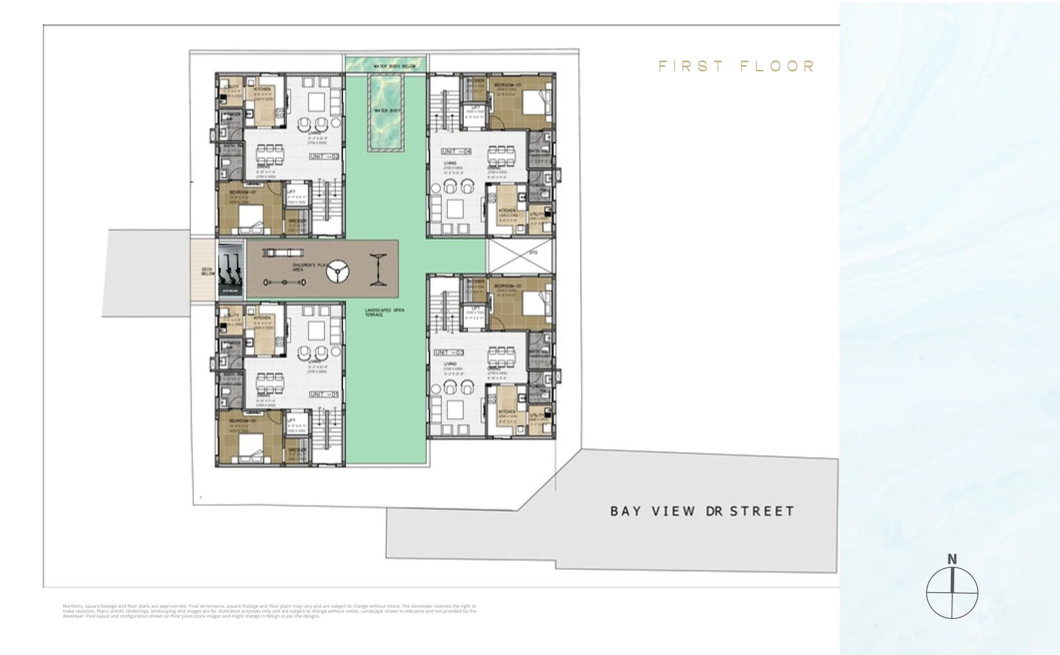 First floor — living, dining and bedroom layouts