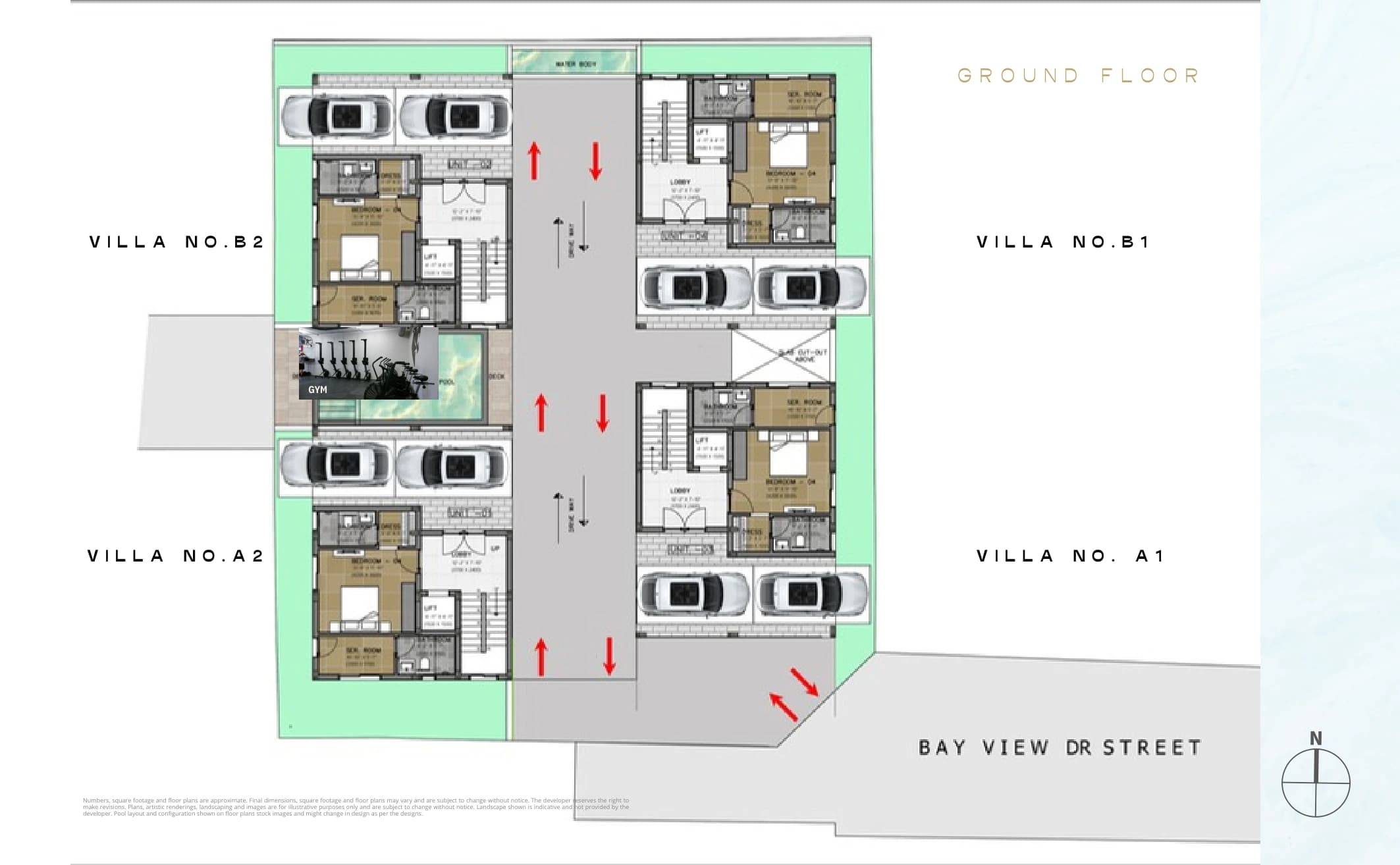 Ground floor — villa positions, parking and access