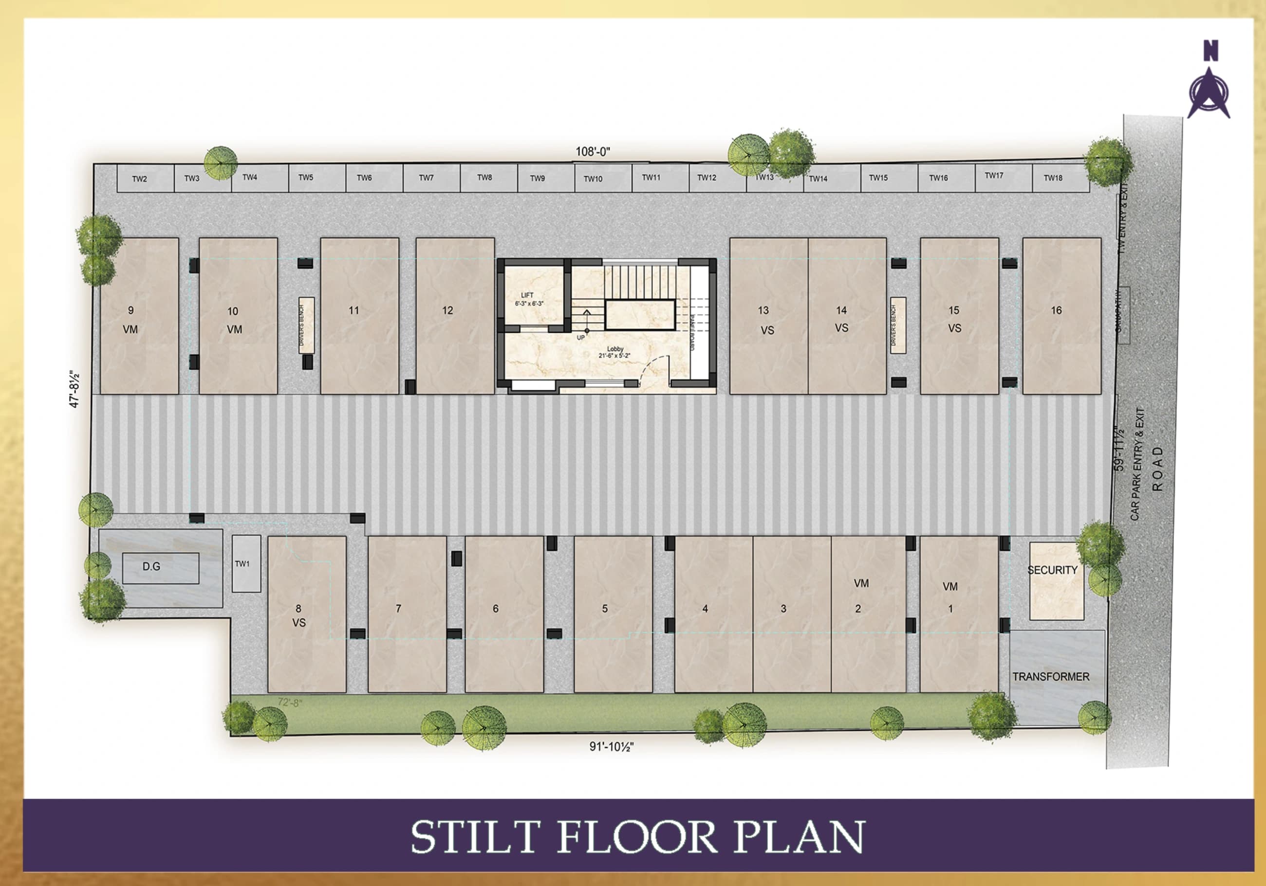 Stilt plan — parking, lobby and lift