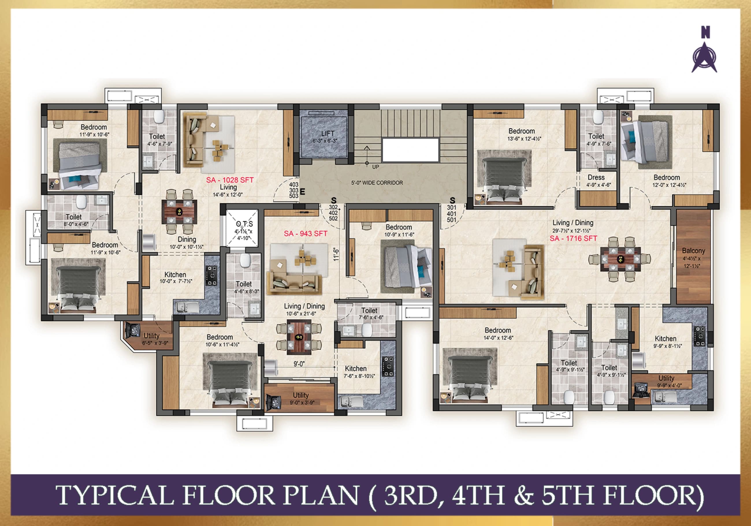 Typical third, fourth & fifth floors — 2 & 3 BHK layouts