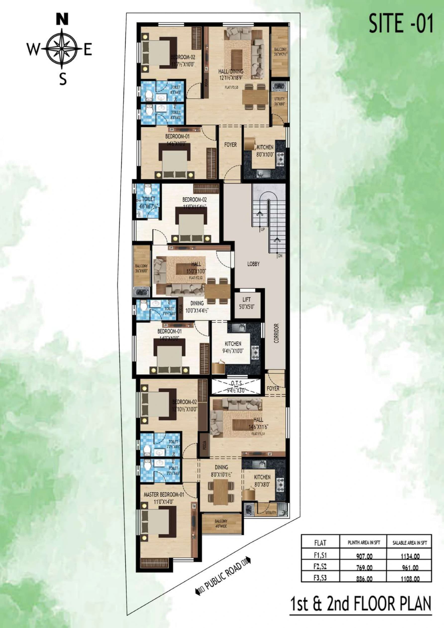 Block A — first & second floors, 961 / 1,108 / 1,134 sq.ft.