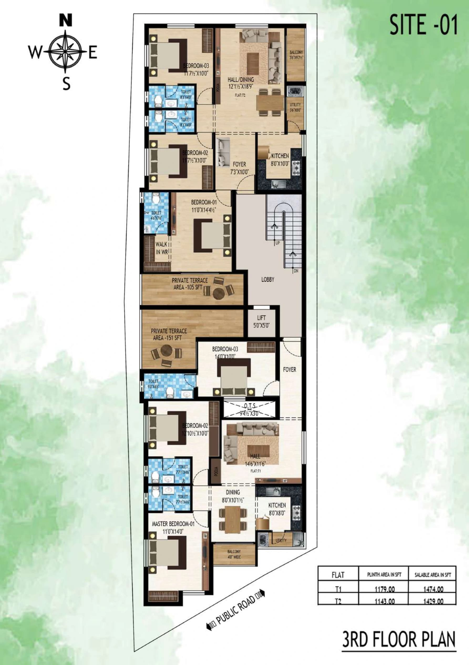Block A — third floor, 1,429 & 1,474 sq.ft. with private terraces