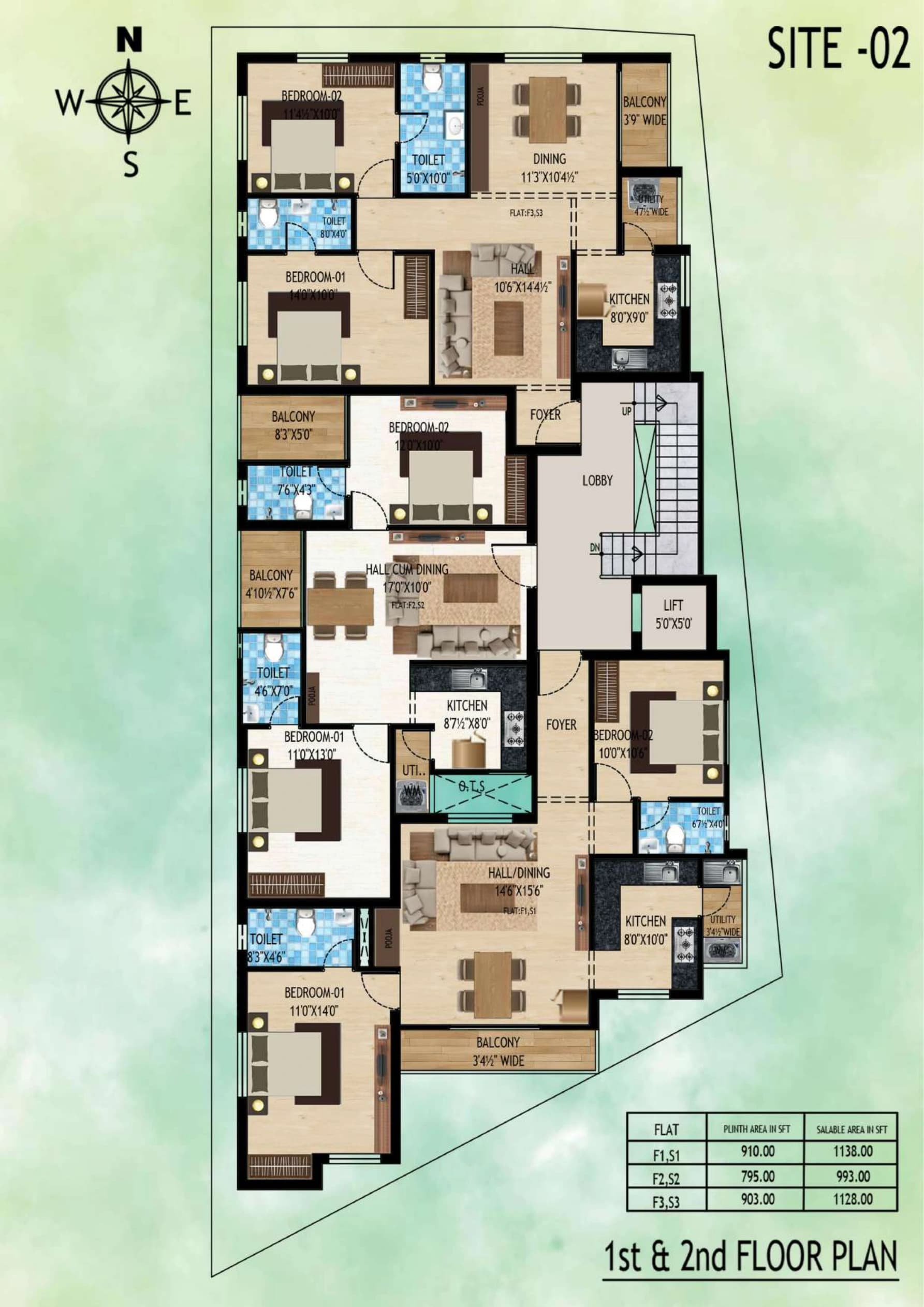 Block B — first & second floors, 993 / 1,128 / 1,138 sq.ft.
