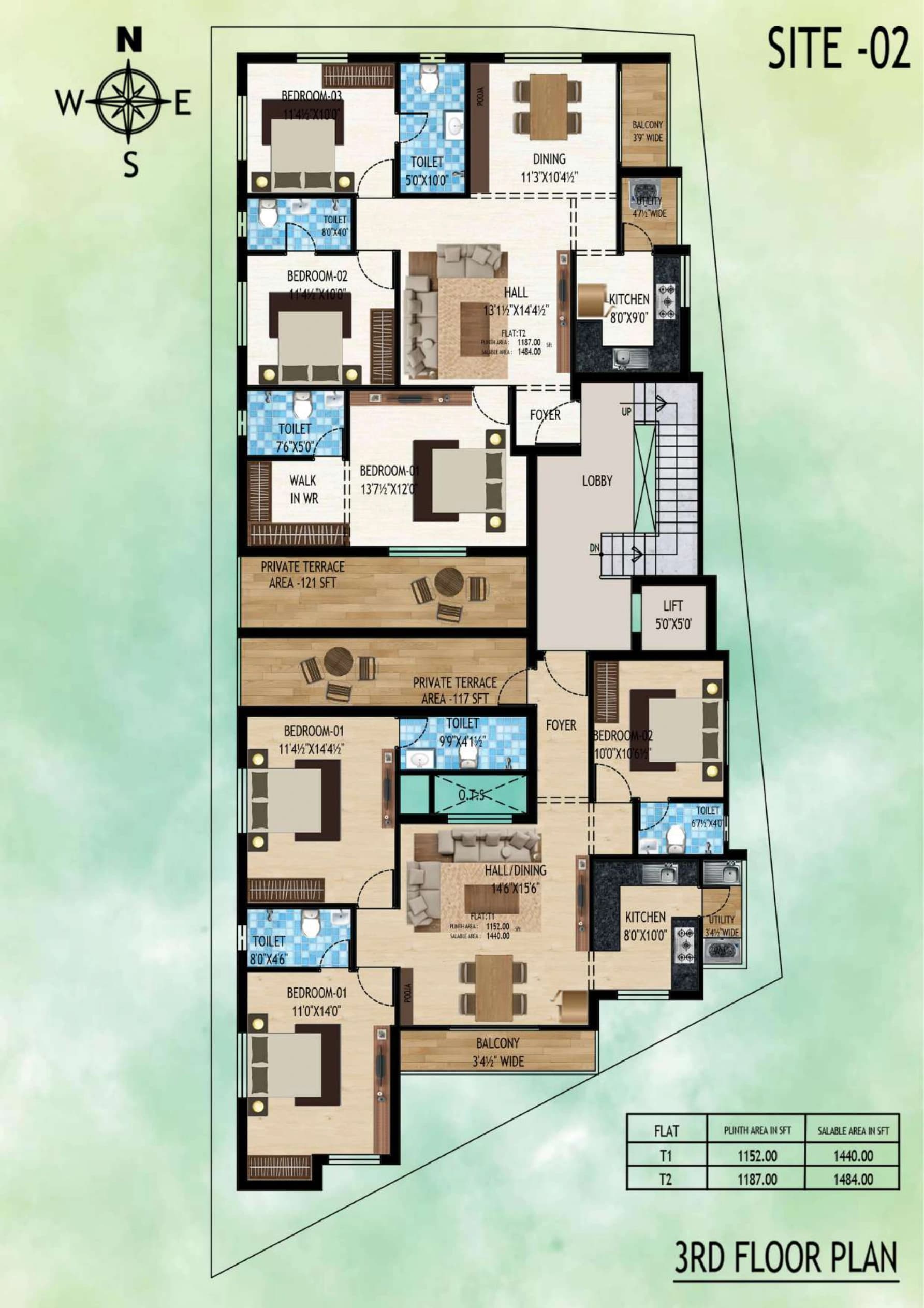 Block B — third floor, 1,440 & 1,484 sq.ft. with private terraces