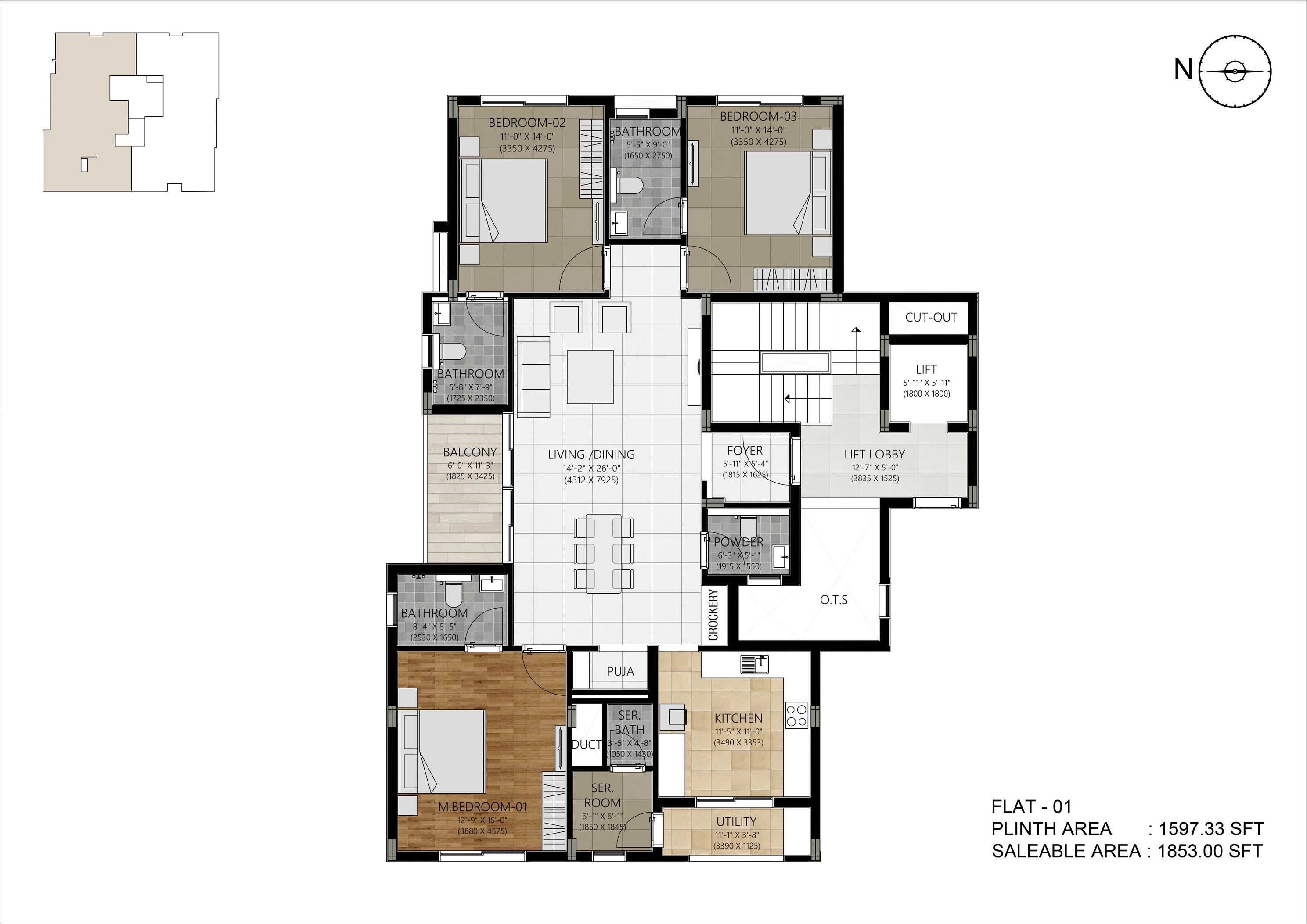 Unit A / Flat 01 — 3 BHK, 1,853 sq.ft. saleable