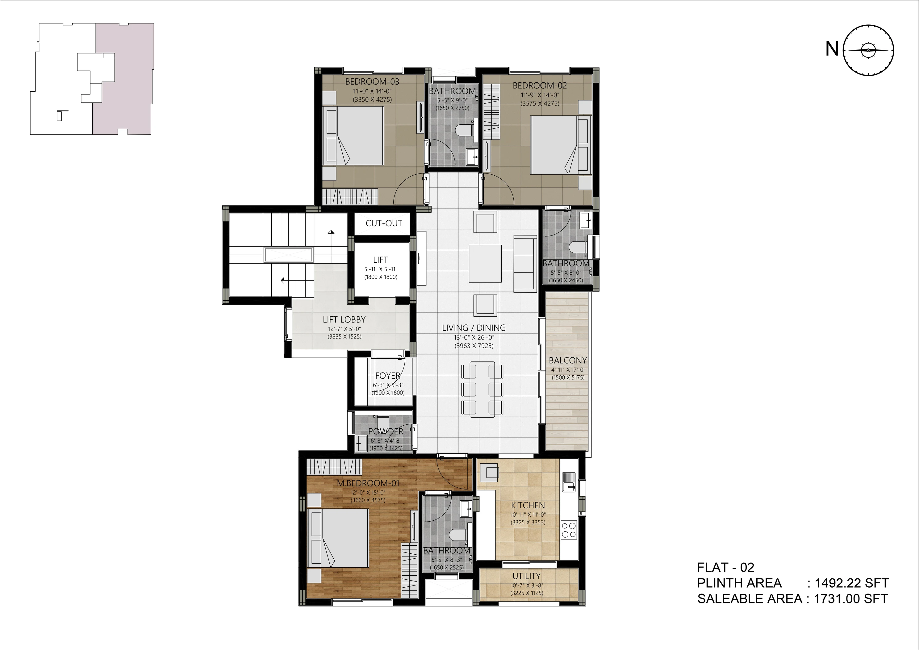 Unit B / Flat 02 — 3 BHK, 1,731 sq.ft. saleable