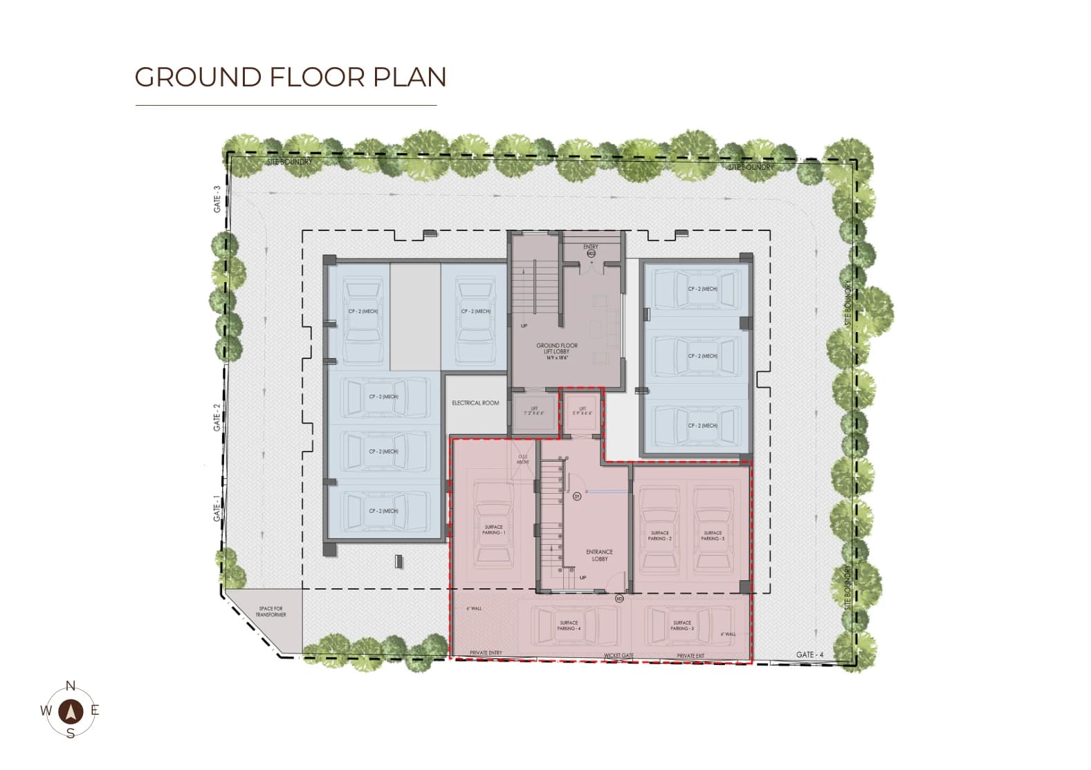 Ground-floor plan — parking and access
