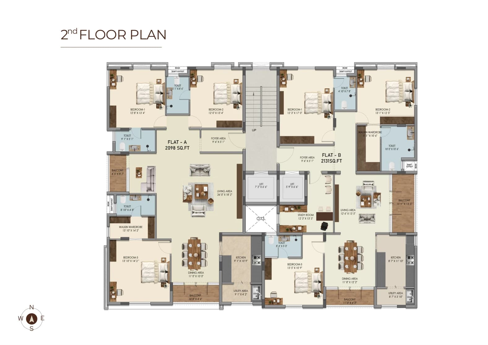 Second-floor plan — Flat A and Flat B