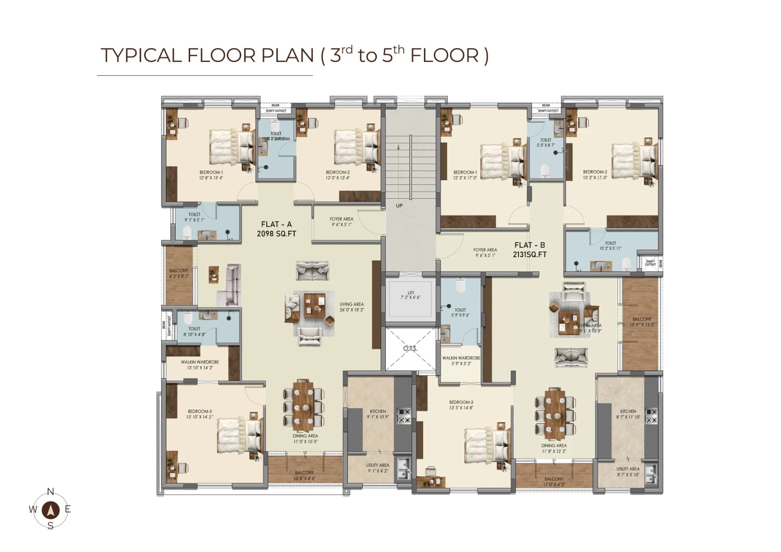 Typical third-to-fifth-floor plan — Flat A and Flat B
