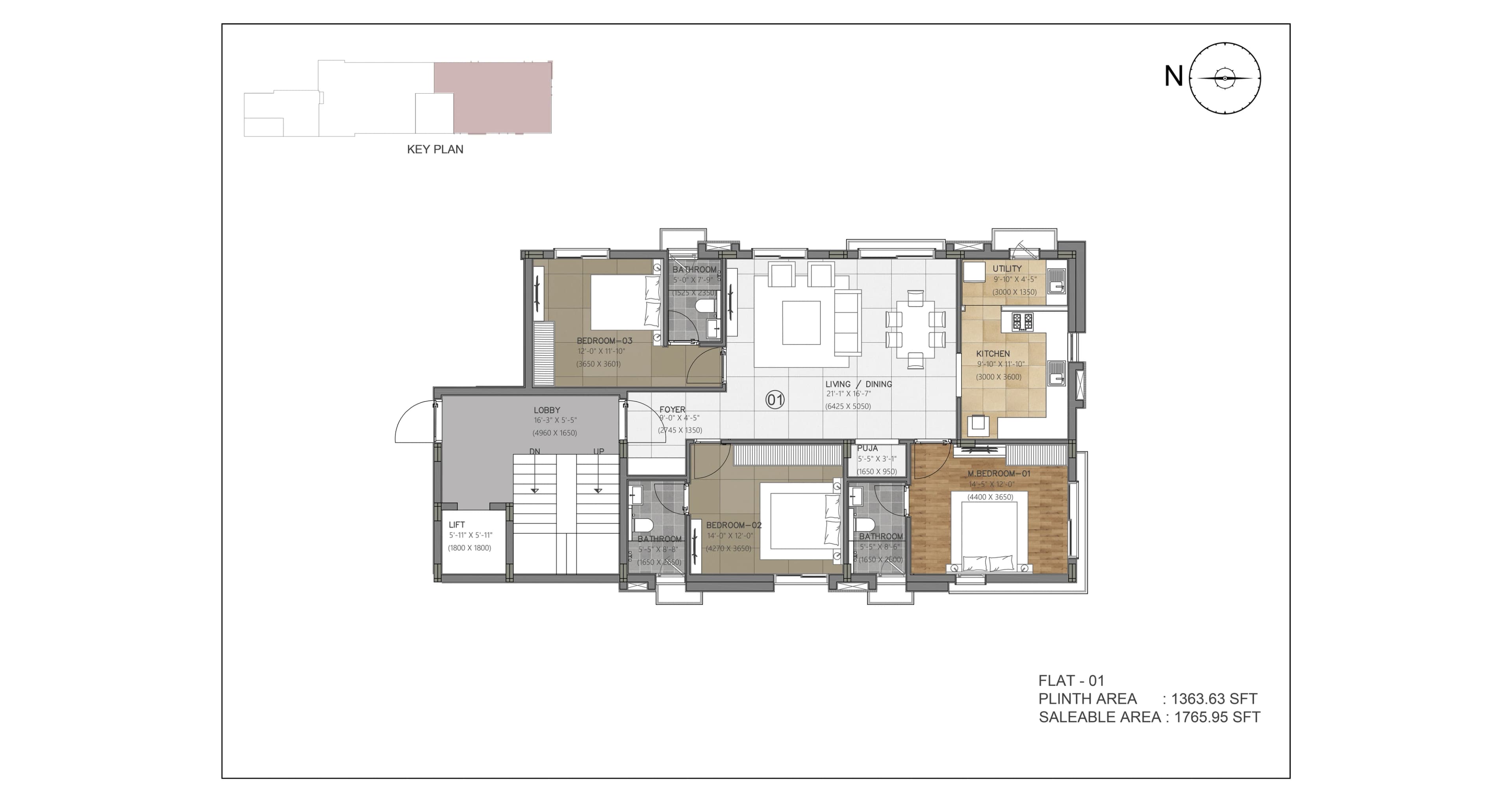 Flat 01 — 3 BHK, brochure headline 1,766 sq.ft. (price on enquiry)