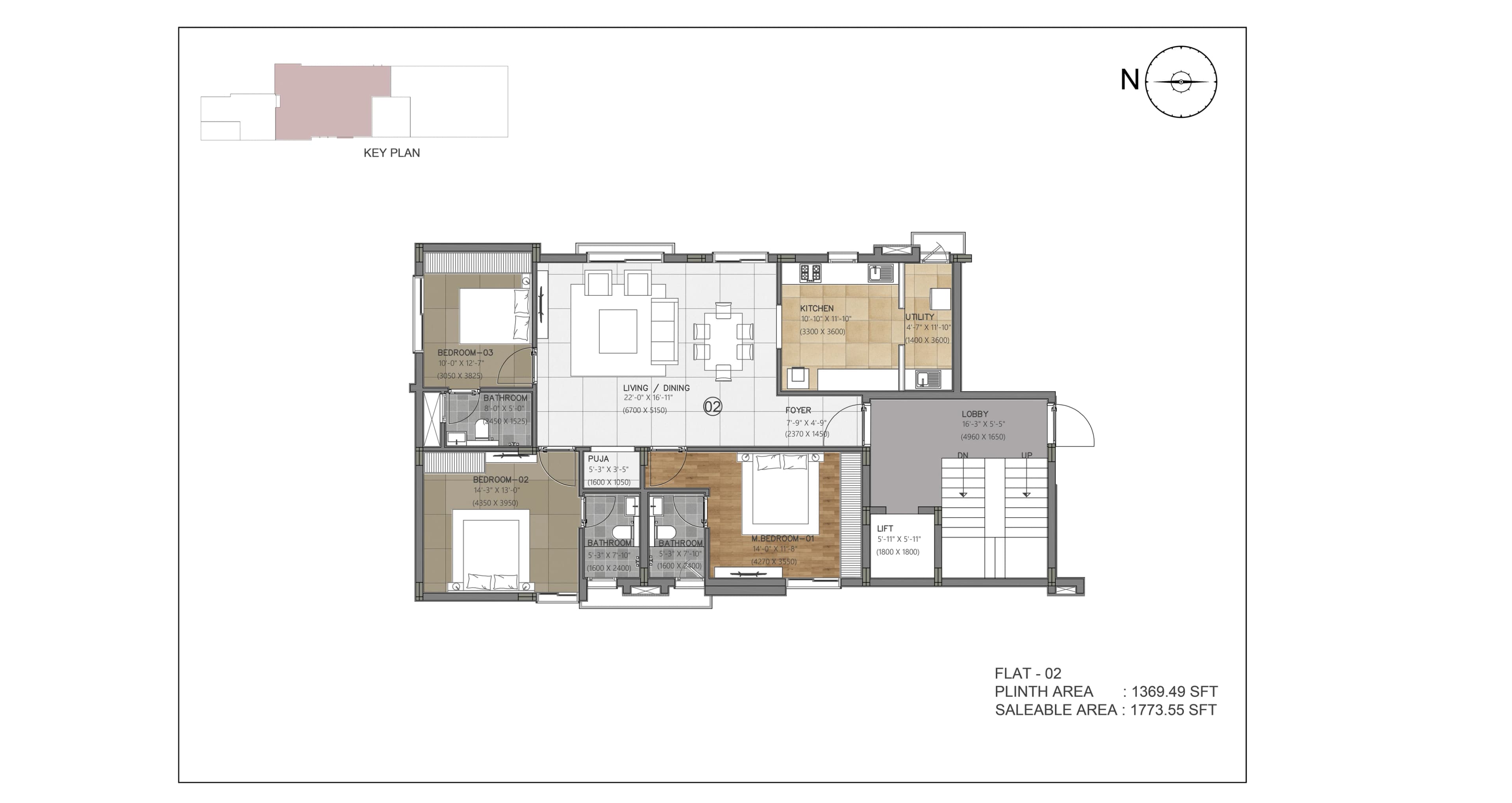 Flat 02 / quoted B — 3 BHK, brochure headline 1,773 sq.ft.