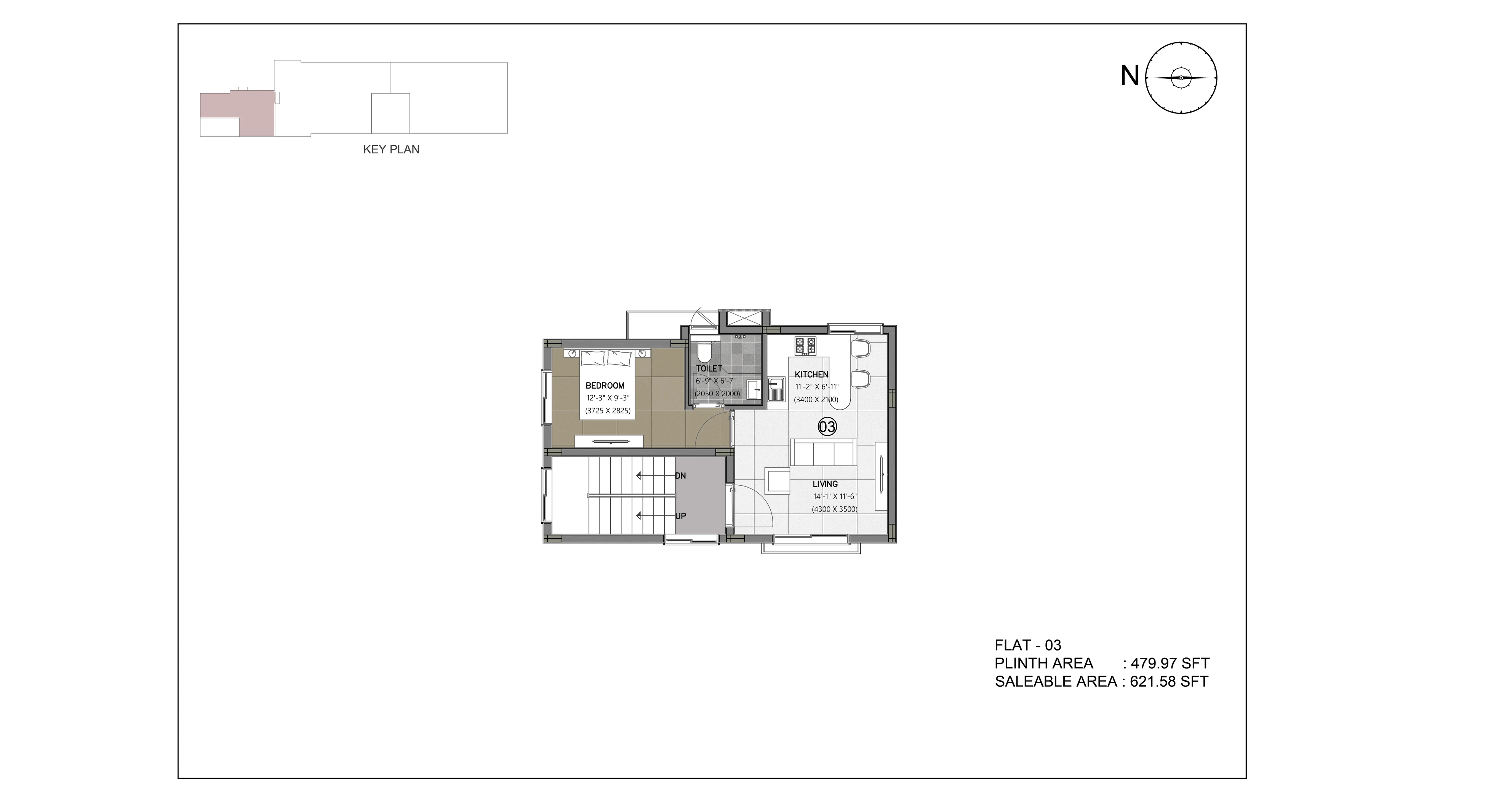 Flat 03 / quoted C — 1 BHK, brochure headline 621 sq.ft.