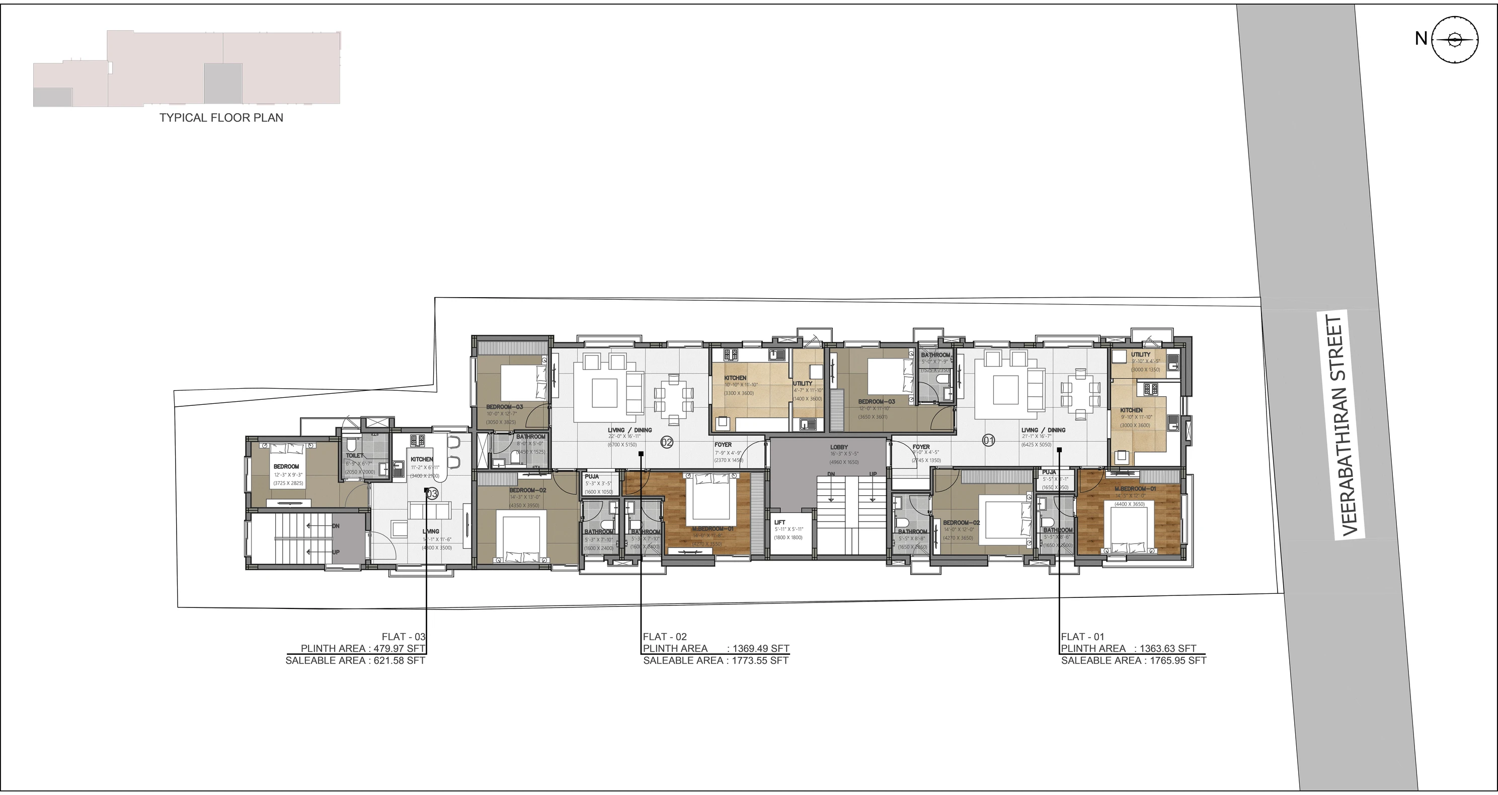 Typical floor — all three apartment layouts