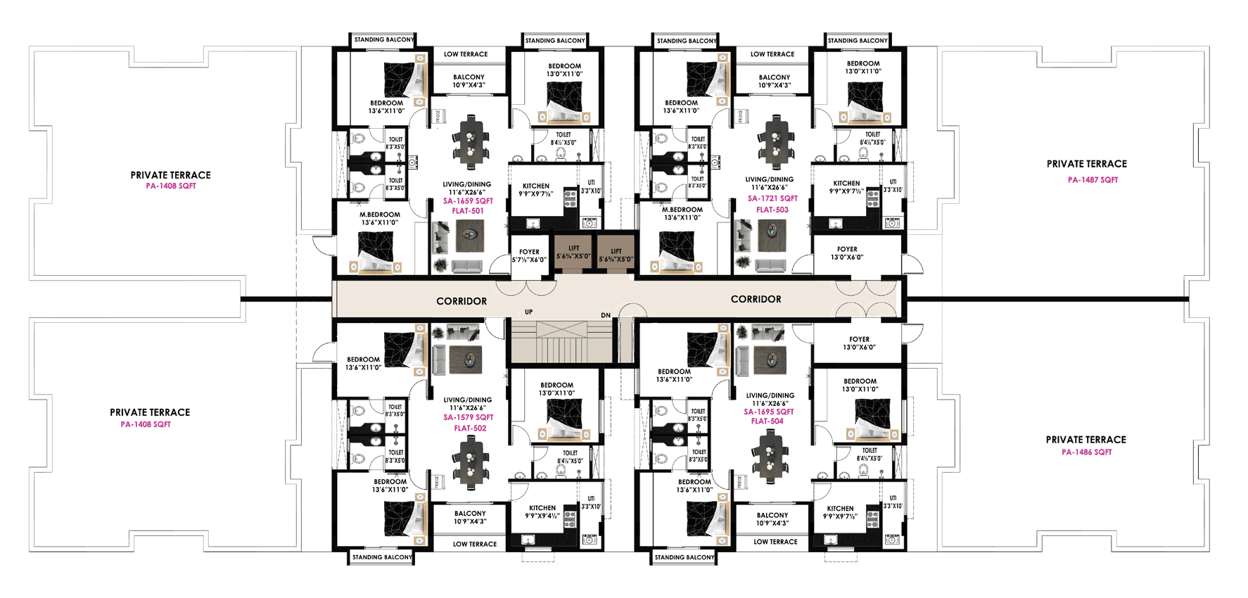 Fifth floor — penthouses 501–504 with private terraces