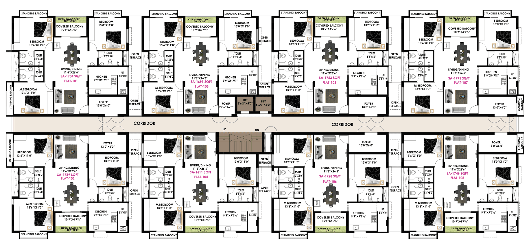 First floor — apartments 101–108