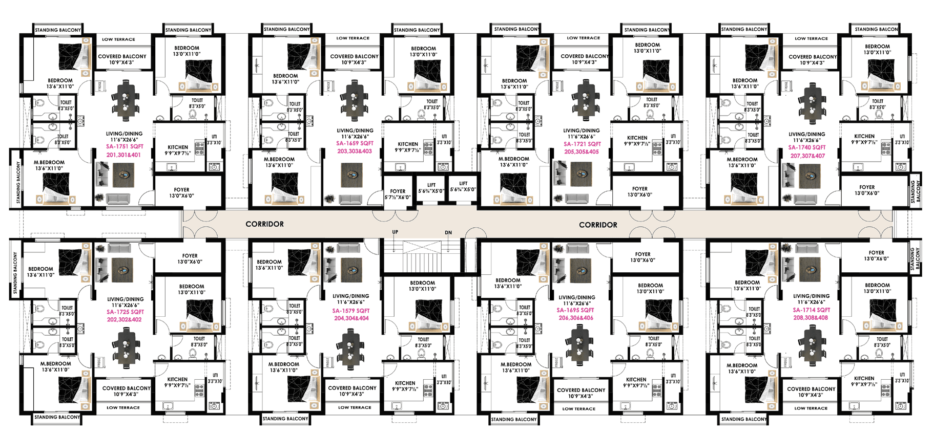 Second to fourth floors — apartments 201–408