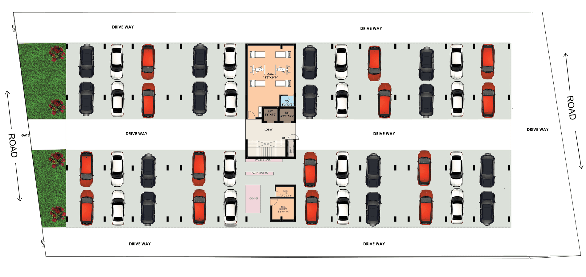 Stilt floor — parking, gym and services