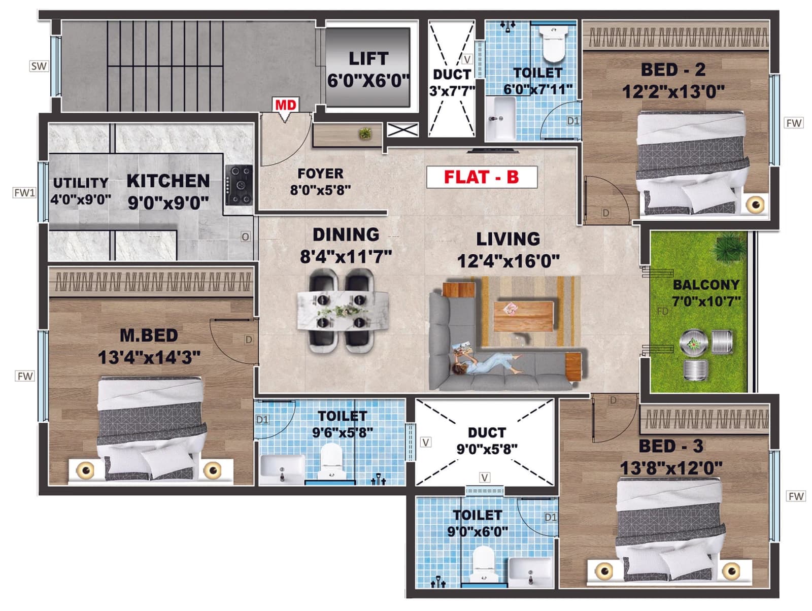 Apartment B — 3 BHK, 1,622 sq.ft.
