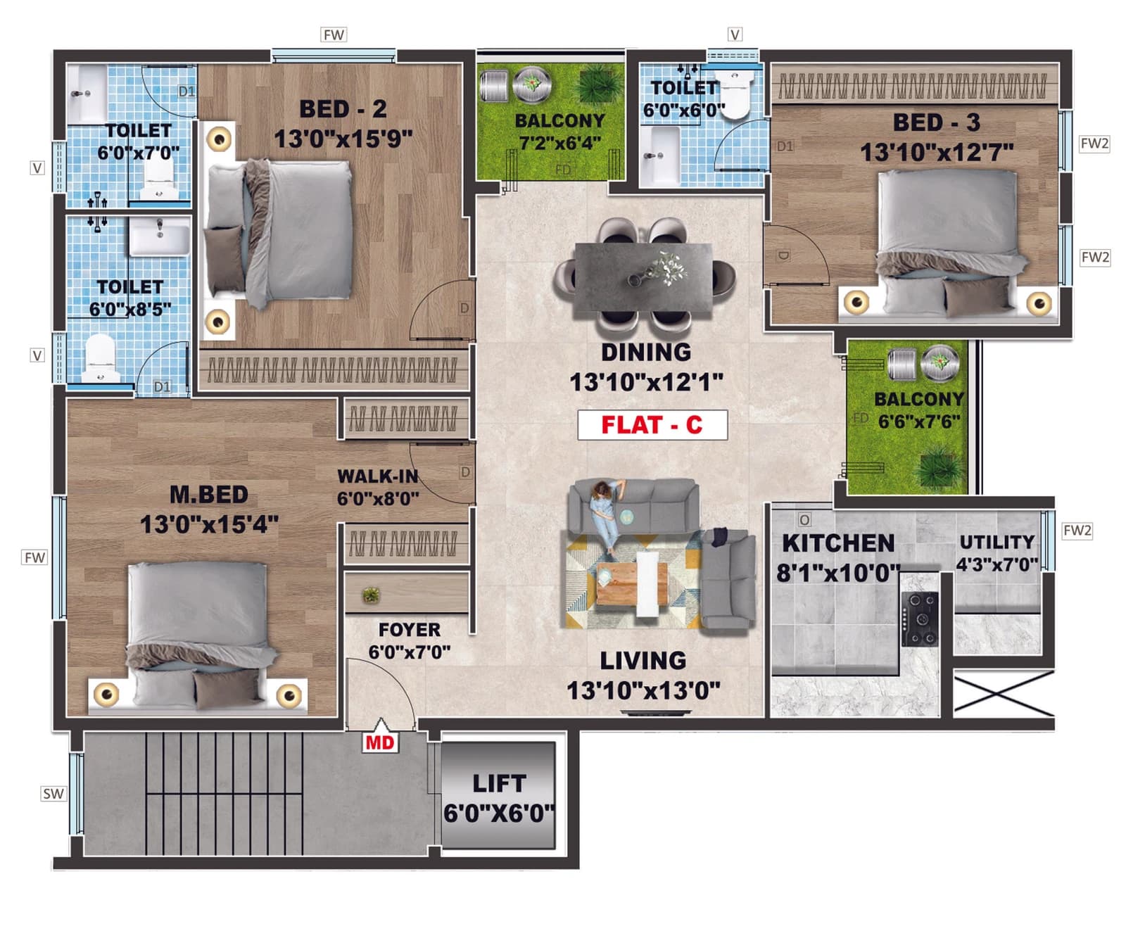 Apartment C — 3 BHK, 1,798 sq.ft.