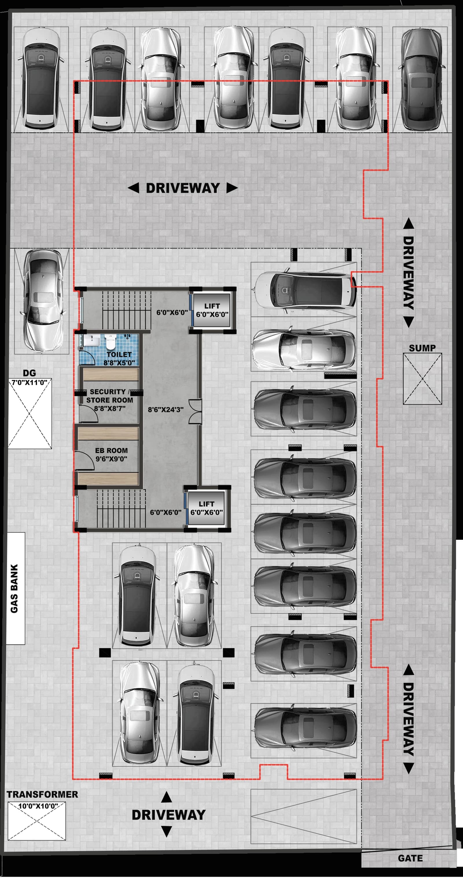 Stilt floor plan — parking and access