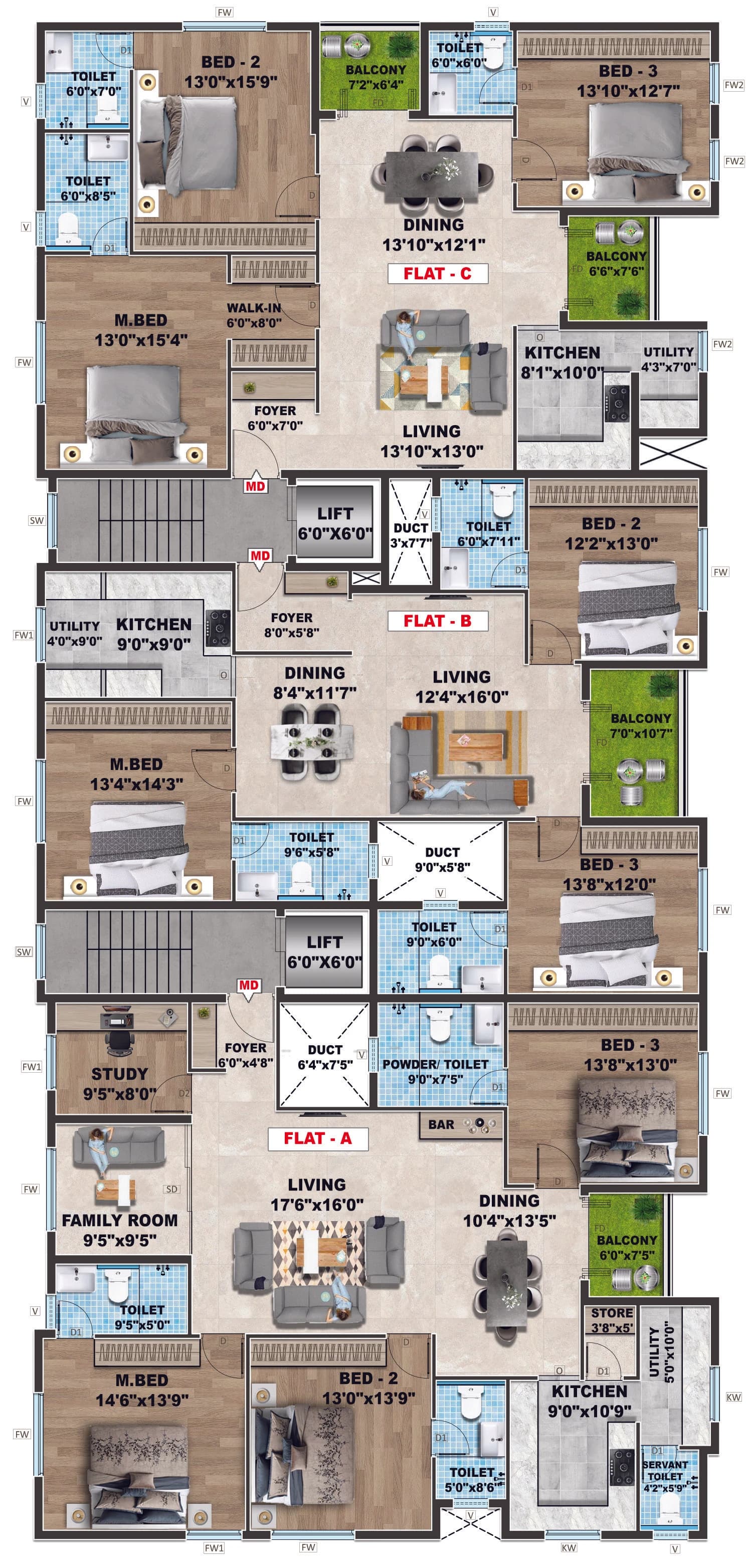 Typical floor plan — apartments A, B and C