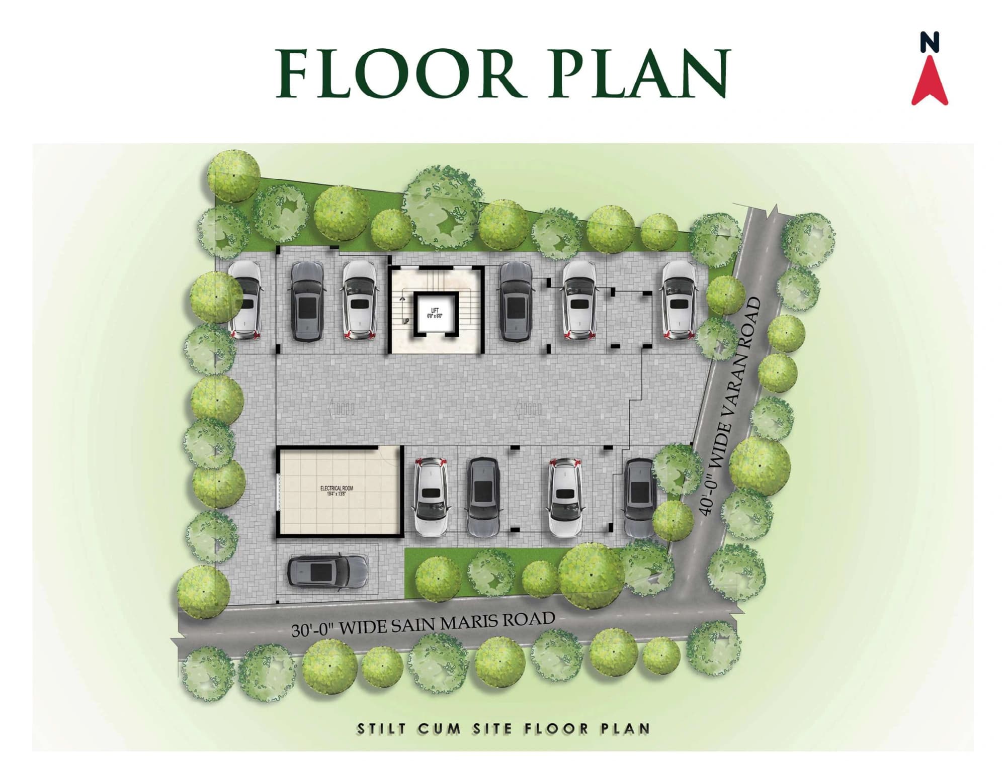 Stilt & site plan — parking and lift access