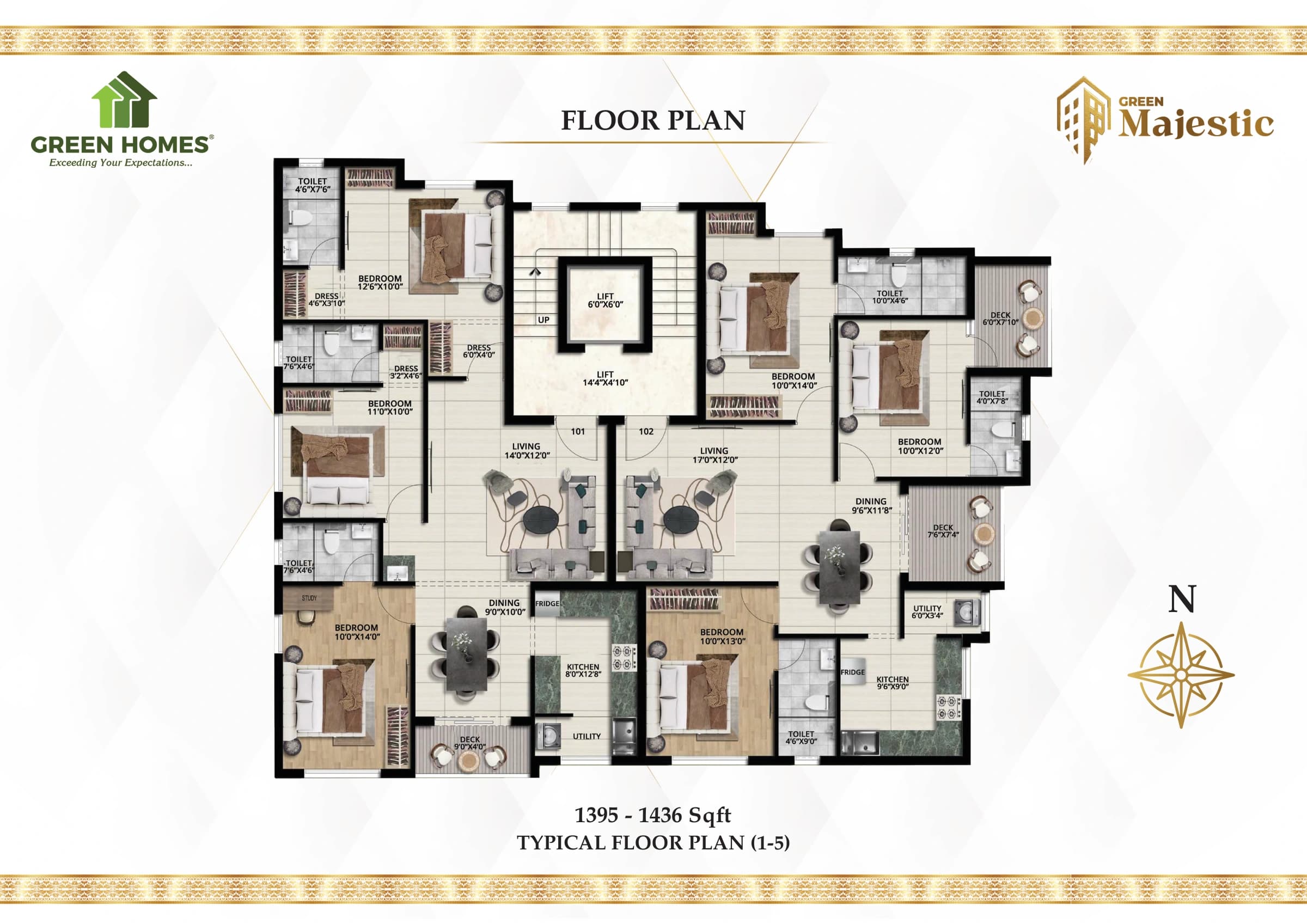 Typical floors 1–5 — 1,395 & 1,436 sq.ft. layouts