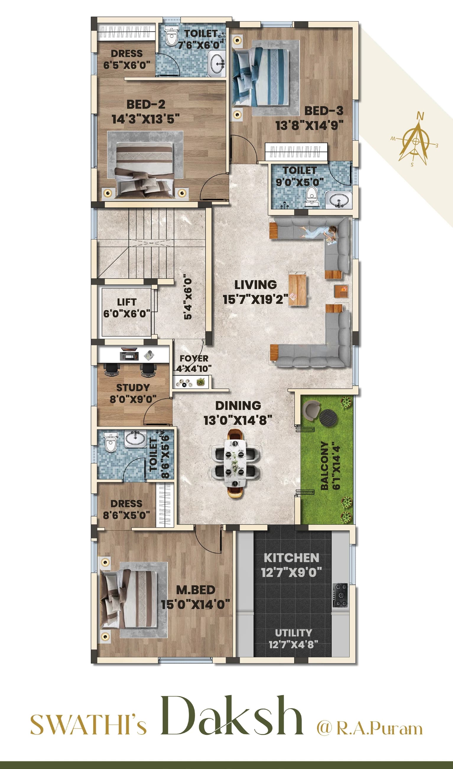 Typical 3 BHK floor plan — 2,220 sq.ft.