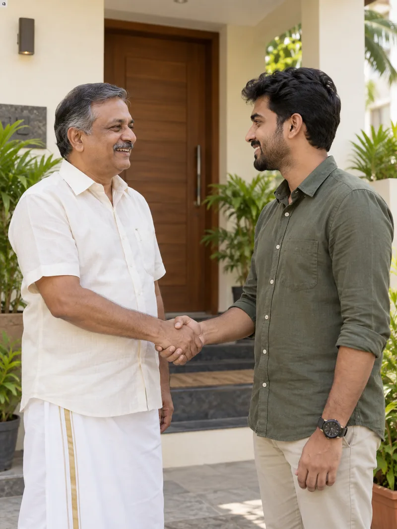 A homebuyer greeting a property owner at a home entrance