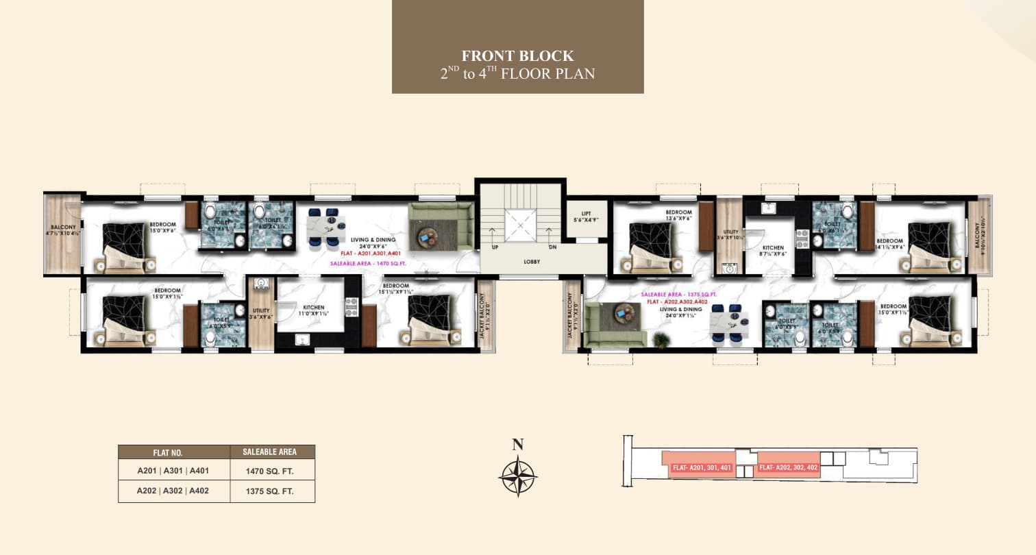Front block — second to fourth floors