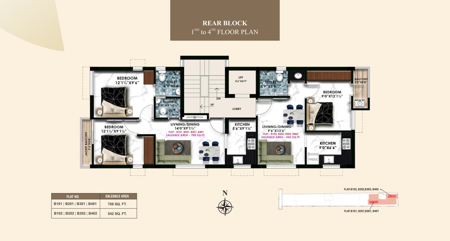 Rear block — 1 & 2 BHK brochure layouts; availability to confirm