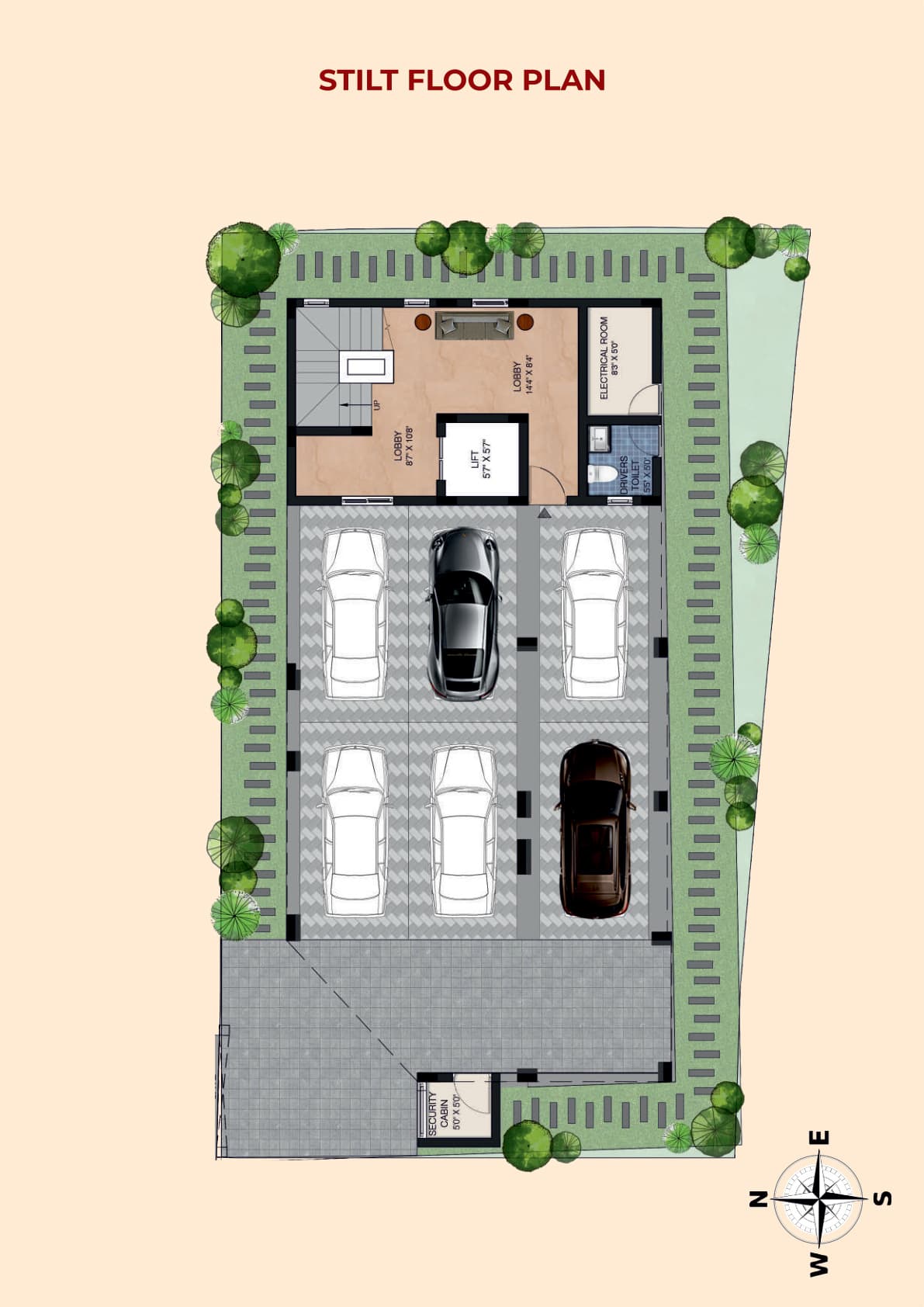 Stilt floor — parking, lift, lobby and security cabin