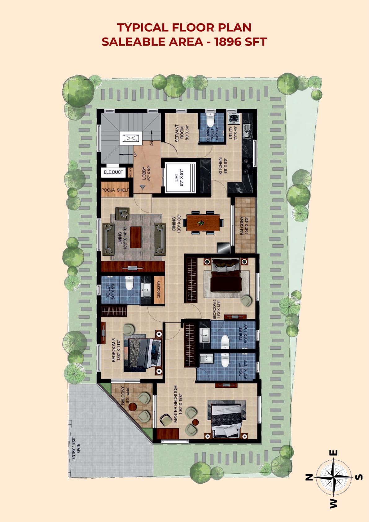 Typical 3 BHK floor plan — 1,896 sq.ft. saleable area