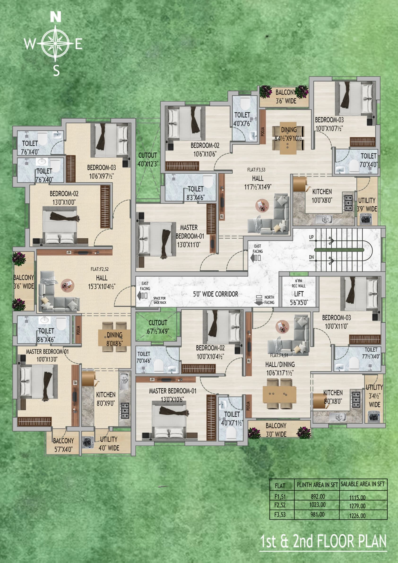 First & second floors — 1,115 / 1,226 / 1,279 sq.ft. layouts