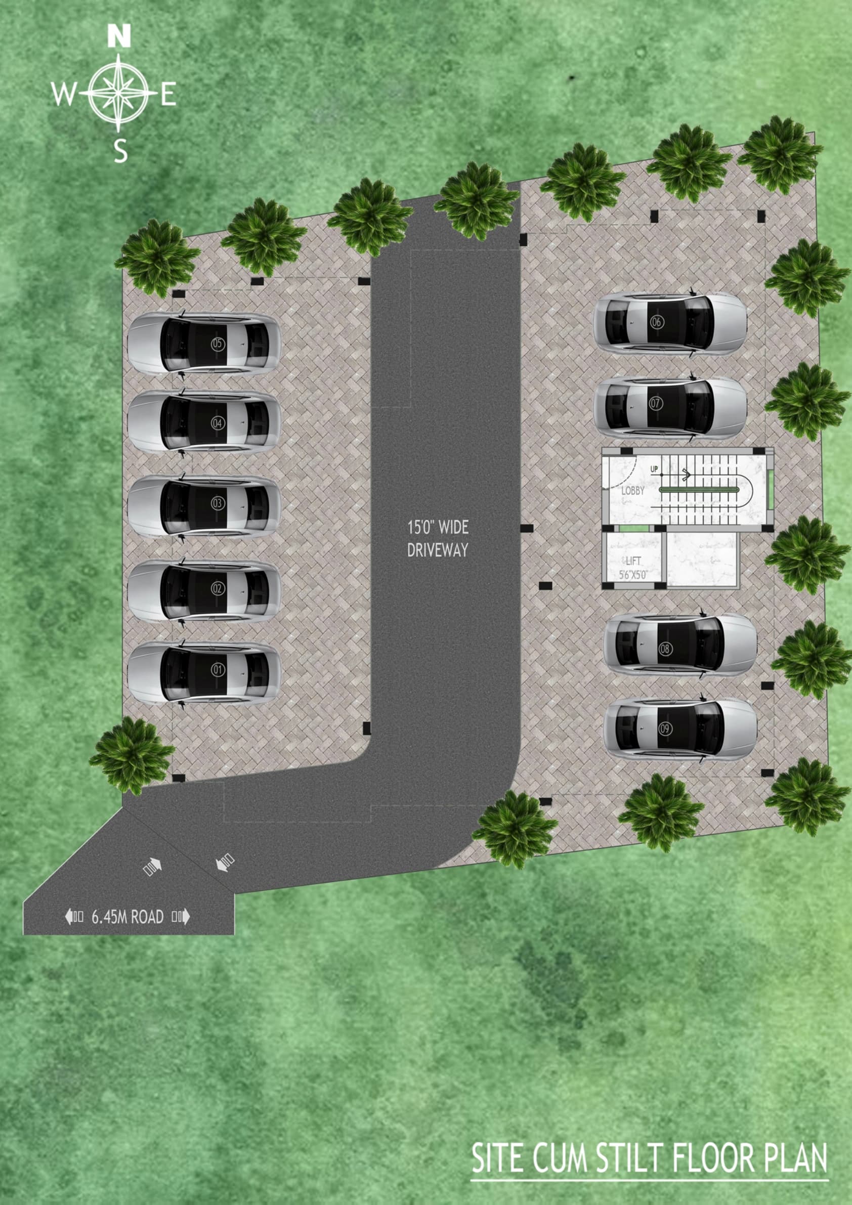 Stilt plan — parking, driveway, lobby and lift