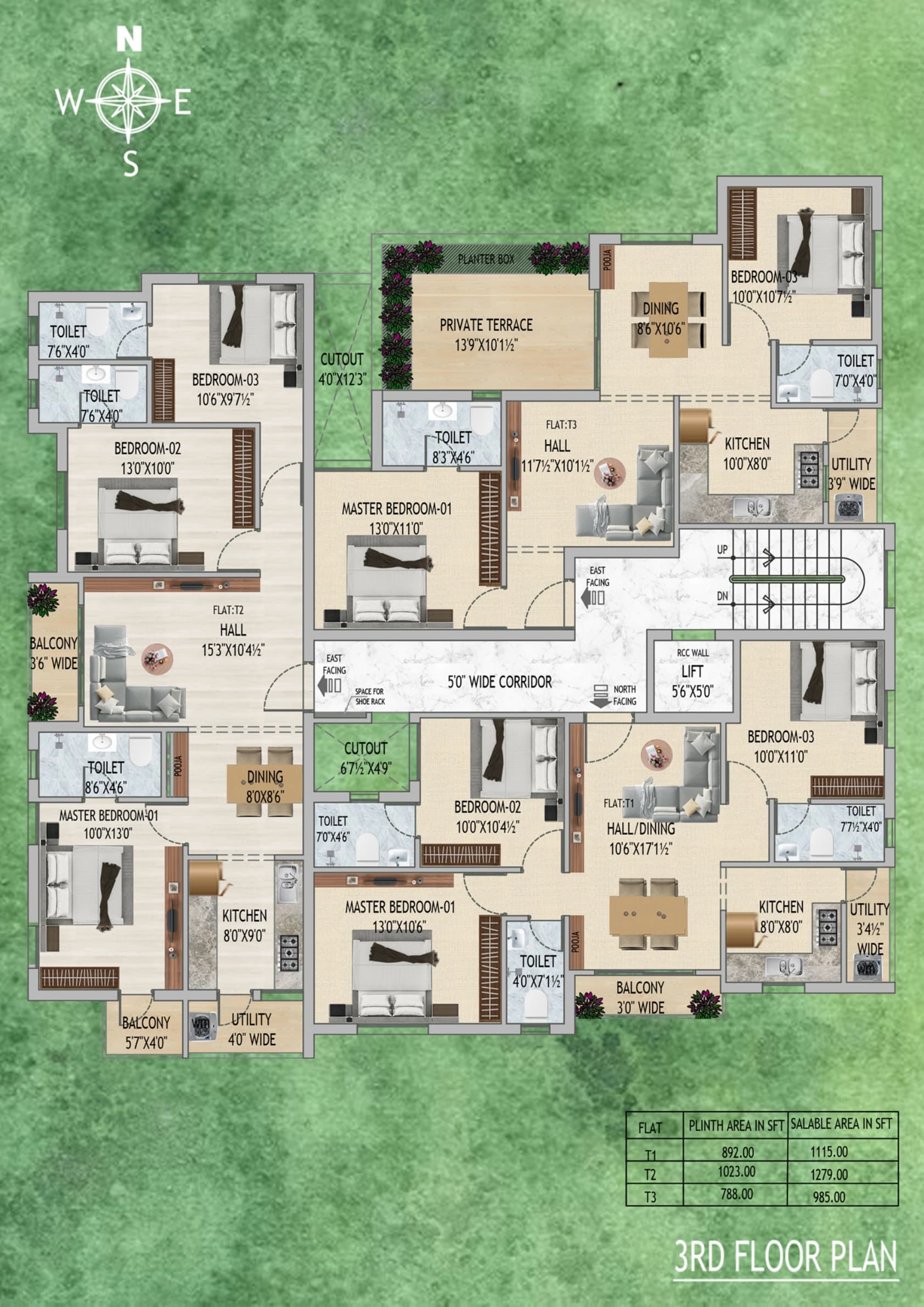 Third floor — 985 / 1,115 / 1,279 sq.ft., with private terrace for T3