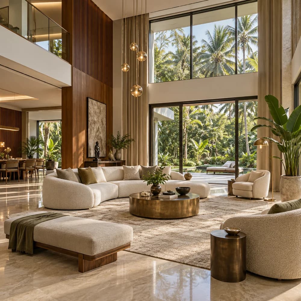Luxury double-height living room overlooking a tropical garden