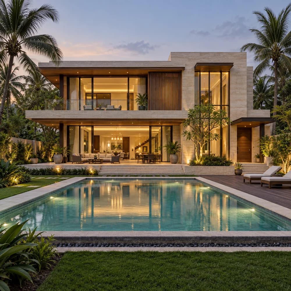 Luxury tropical villa with a private pool and warm evening lighting