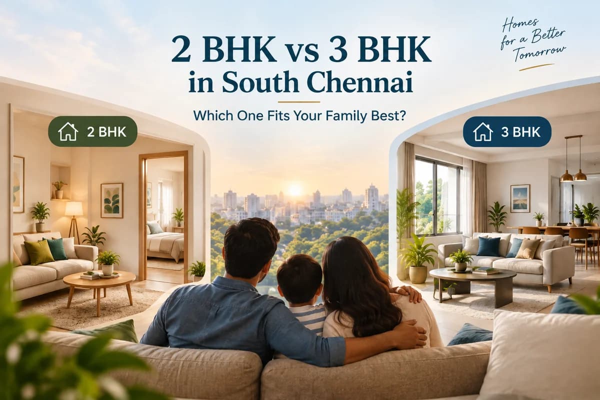 A family comparing 2 BHK and 3 BHK homes in South Chennai, with two living-room layouts side by side.