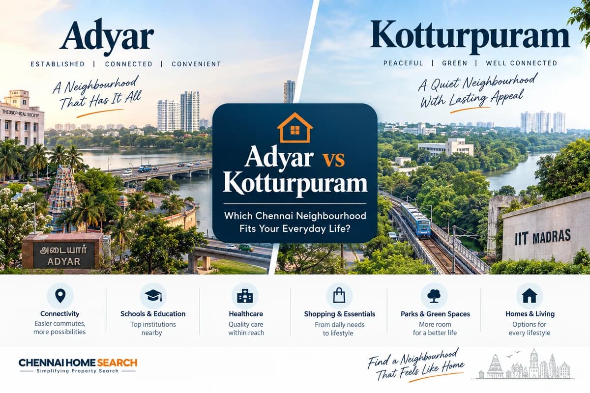 Adyar and Kotturpuram neighbourhood comparison with river views, greenery, transport and everyday amenities.