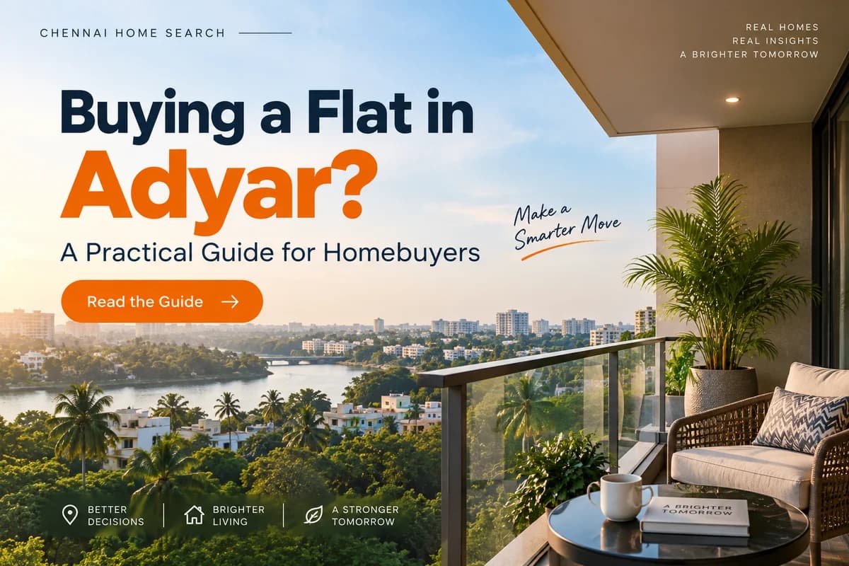 Buying a Flat in Adyar: A Practical Guide for Homebuyers, with a balcony overlooking the river and Chennai skyline.
