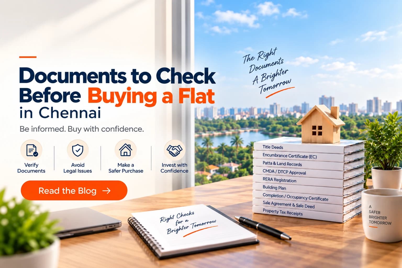 Documents to check before buying a flat in Chennai, shown with title deeds, an encumbrance certificate, approvals and a model home.