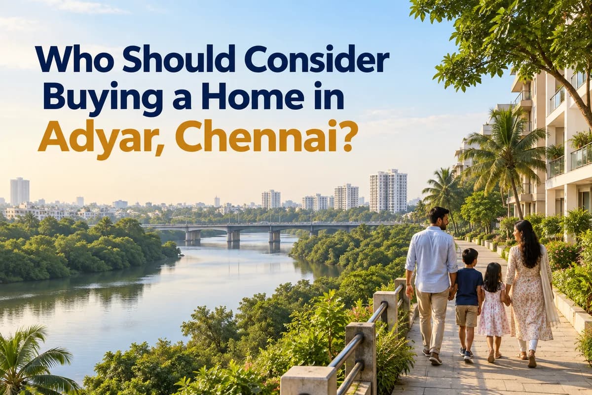 Who Should Consider Buying a Home in Adyar, Chennai? Family walking beside the Adyar River with residential buildings and greenery.