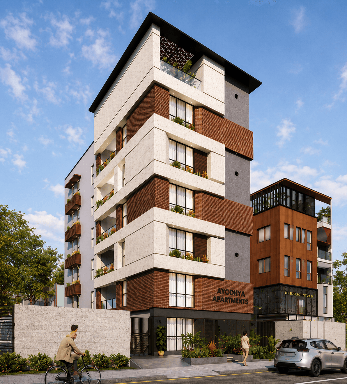 Contemporary elevation of Ayodhya Apartments in Gandhi Nagar, Adyar