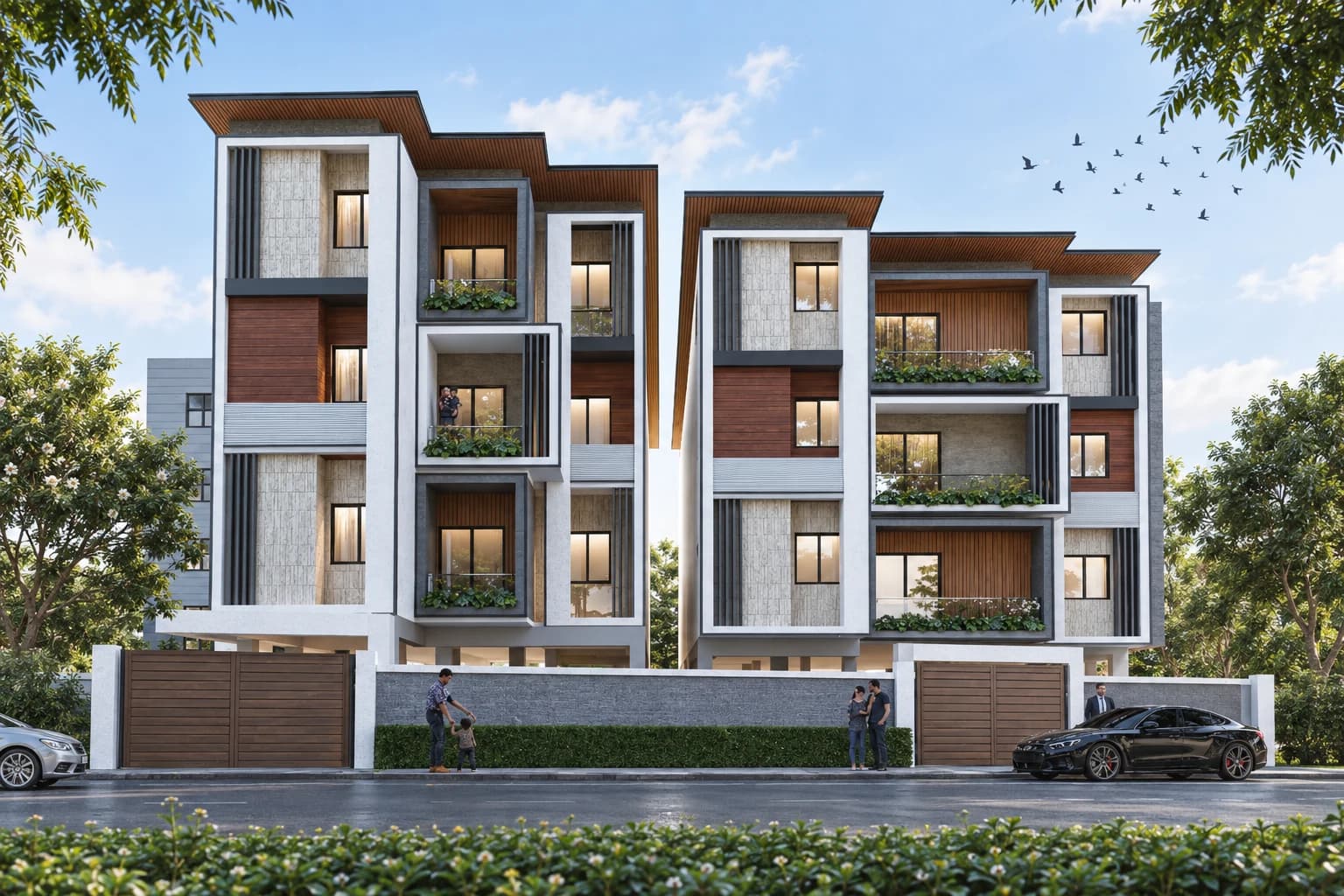 Green Shelter twin-block elevation — artist's impression based on the supplied architectural reference