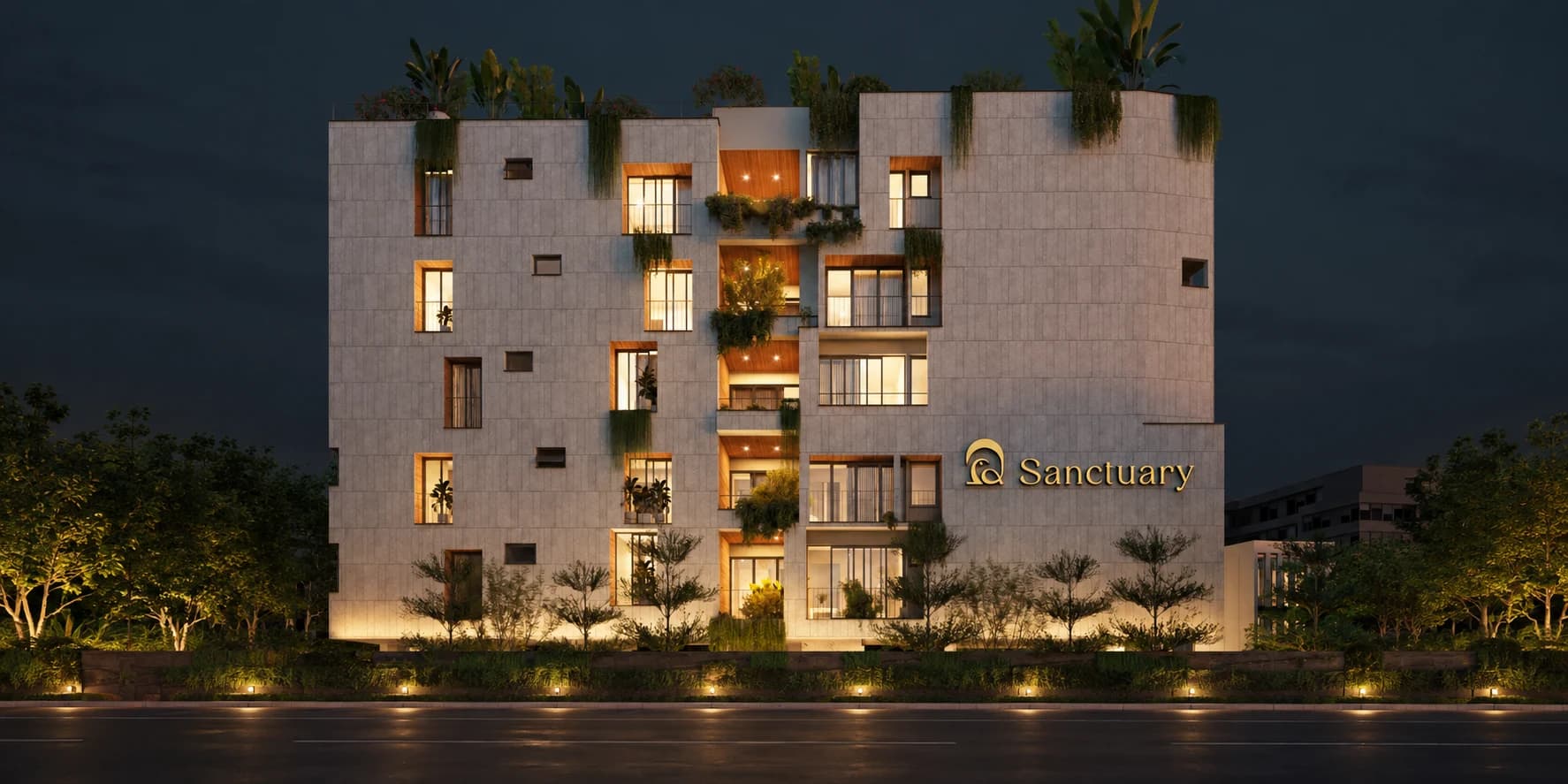 Nighttime representative facade render of Sanctuary x Krishnamma in Nungambakkam